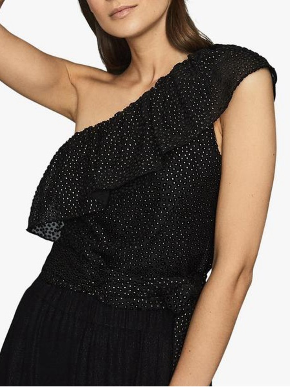 NWT Reiss Nora Black Asymmetrical Top with Gold Metallic Dot Embellishments